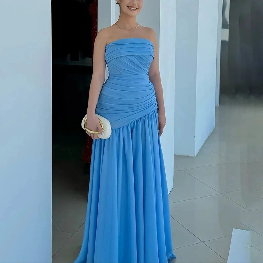 

Blue Evening Dress Customized Strapless Simple Evening Gowns for Women 2025 Pleated Chiffon A Line Formal Party Dresses Long