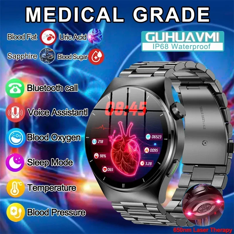 Montre connectée pour hommes, thérapie au Laser, glycémie, fréquence cardiaque, acide uricique,