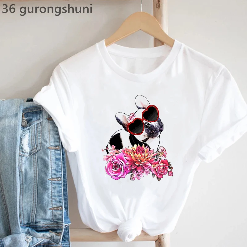 Funny Tshirt Women French Bulldog Crown Flowers And Heart Sunglasses T-Shirt Femme Dog Lover T Shirt Female Harajuku Shirt Tops