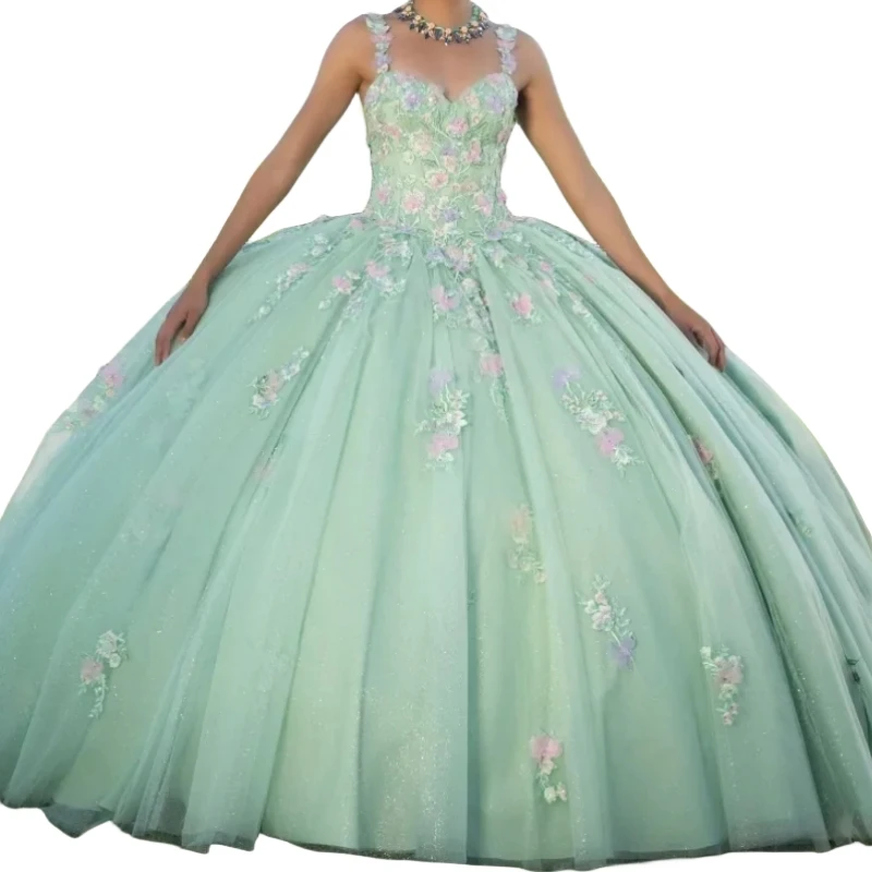 Saudi Arabic Mint Green Princess Quinceanera Dress Flower Sweet 15 16 Prom Birthday Party Gown vestidos de fiesta elegantes 2024