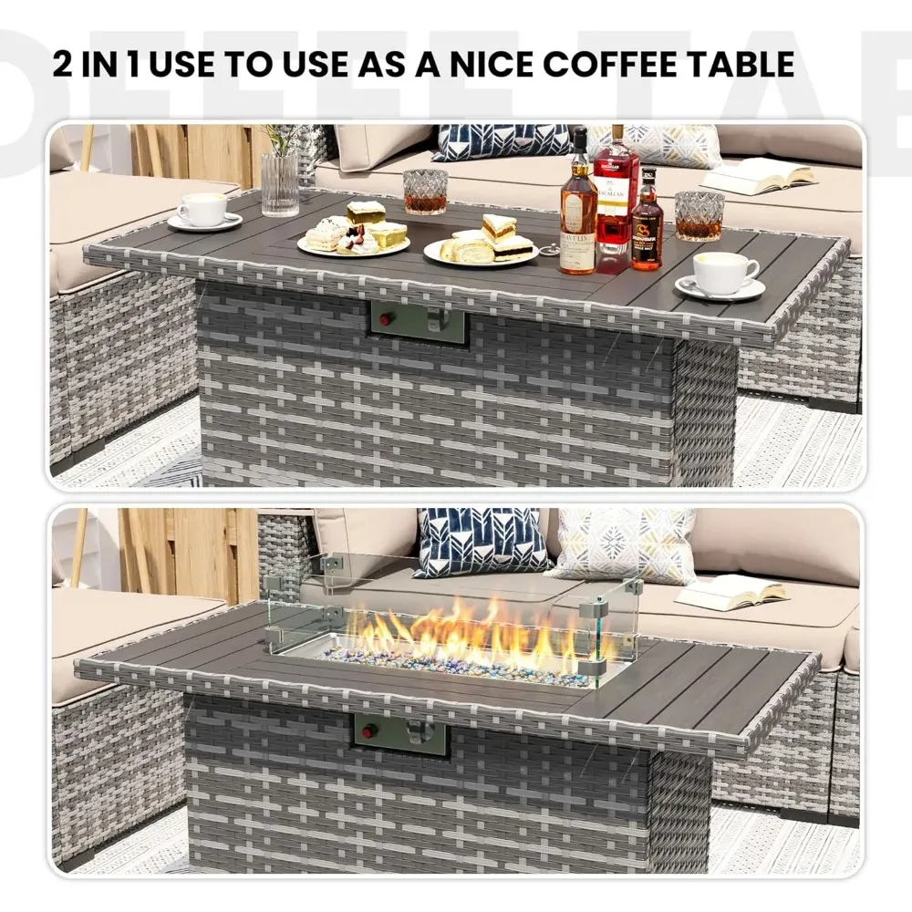 8PC Modular Rattan Outdoor Conversation Patio Sectional Furniture Sets with Fire Pit Table,Coffee Table,  Sofa Cover for garden