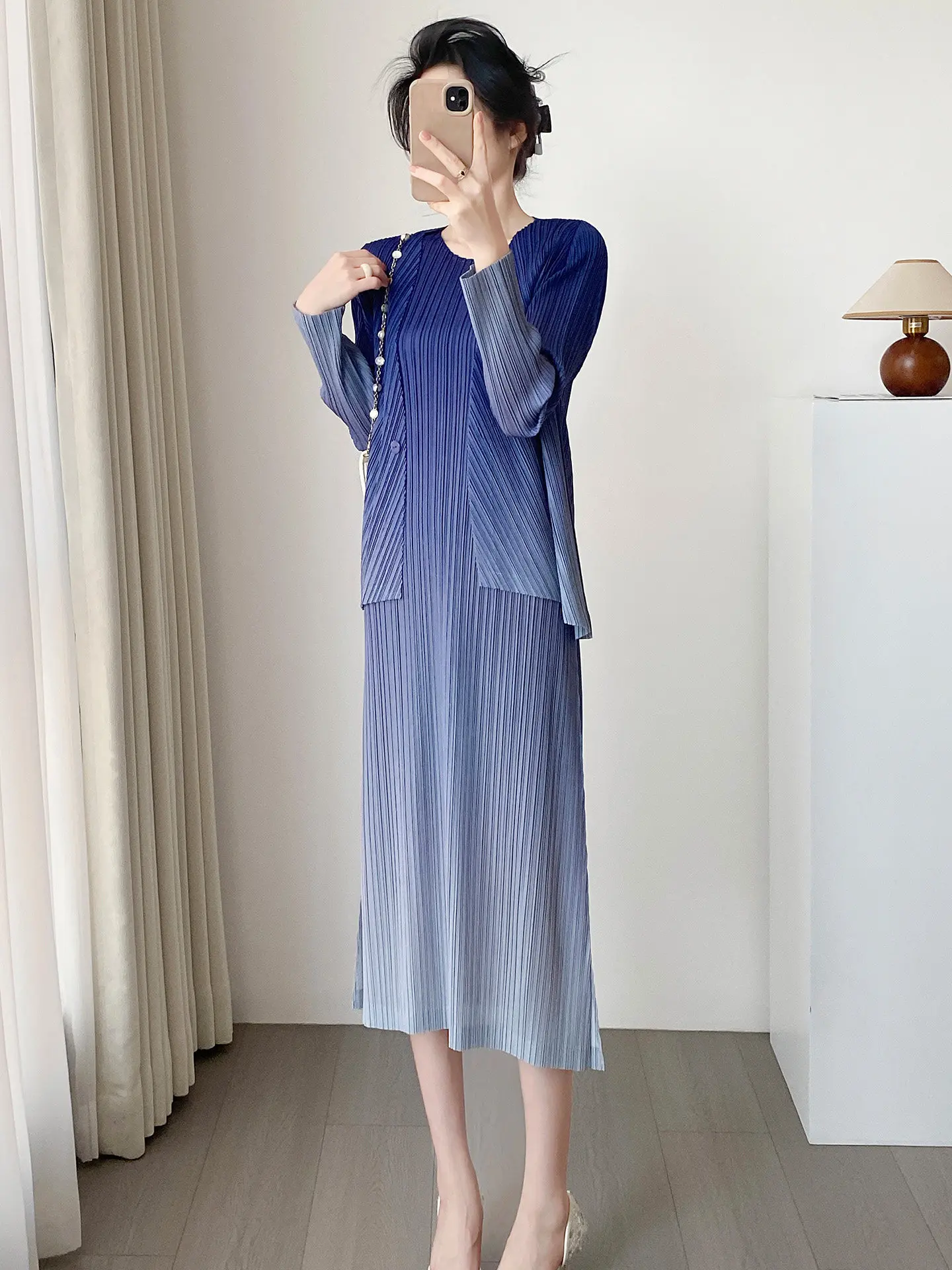 Three Piece Pleated Set Gradient Color Open Cardigan Sleeveless Dress Spring Commute Elegant Fashion Two Piece Set Women Summer