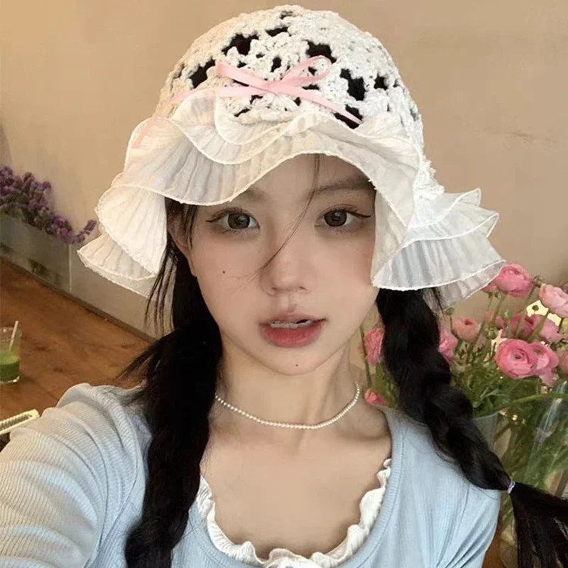 Hollow Bow Knot Bucket Hat Korean Hole Lace Knit Spring and Summer Travel Beach Sun Protection Fisherman Hat Japanese Kawaii Cap