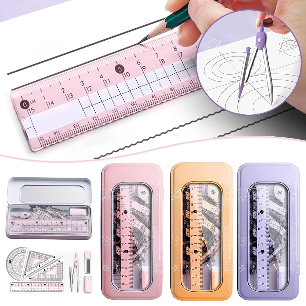 8PCS Maths Set Geometry Set For Secondary School Protractor-Compass Set Prevent Myopia Clear Dual Color For Students Supplies