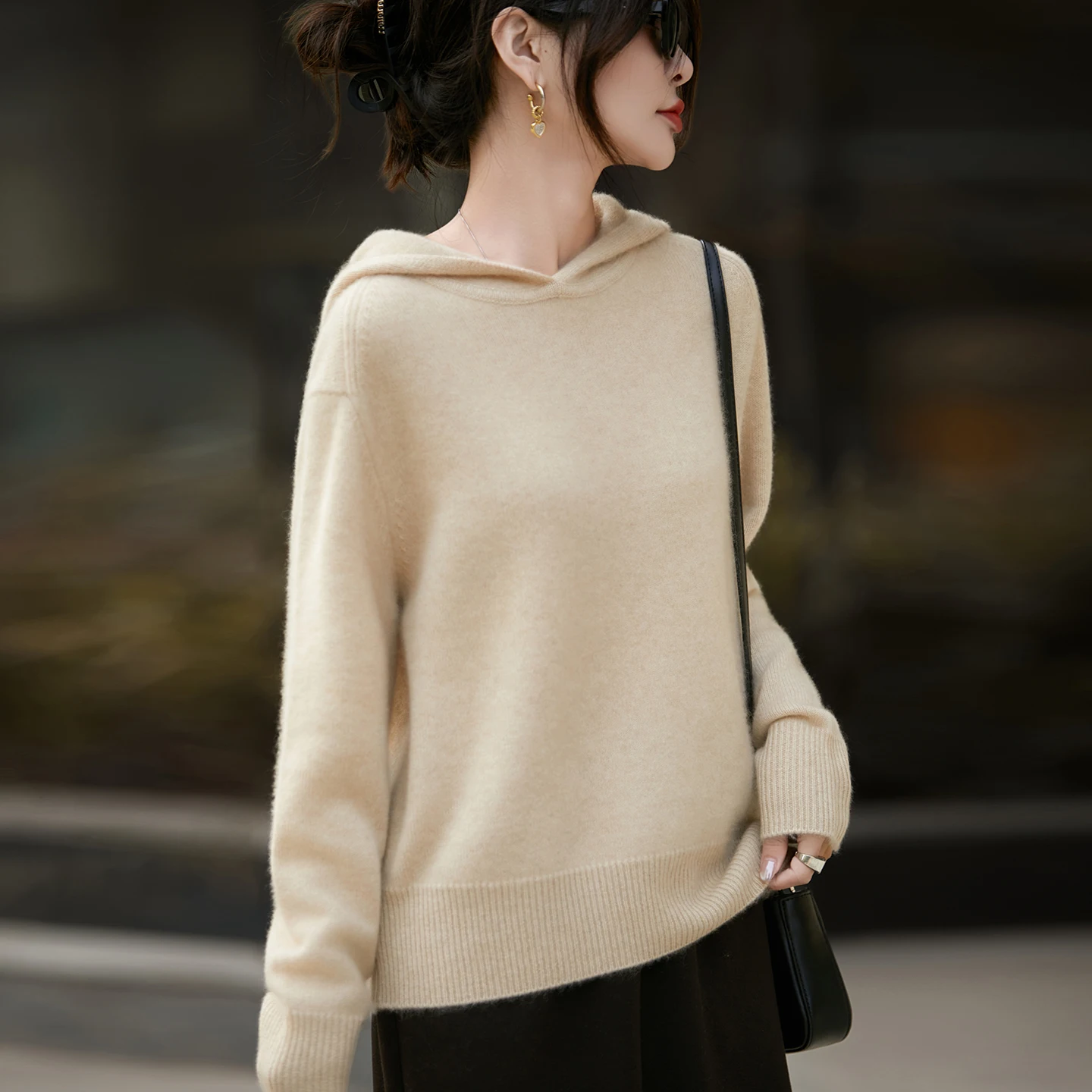 Winter Thicken Hoodie Loose Style Pullover Women Knitting 100% Merino Wool Sweater Front Shoulder Inversion High quality Tops