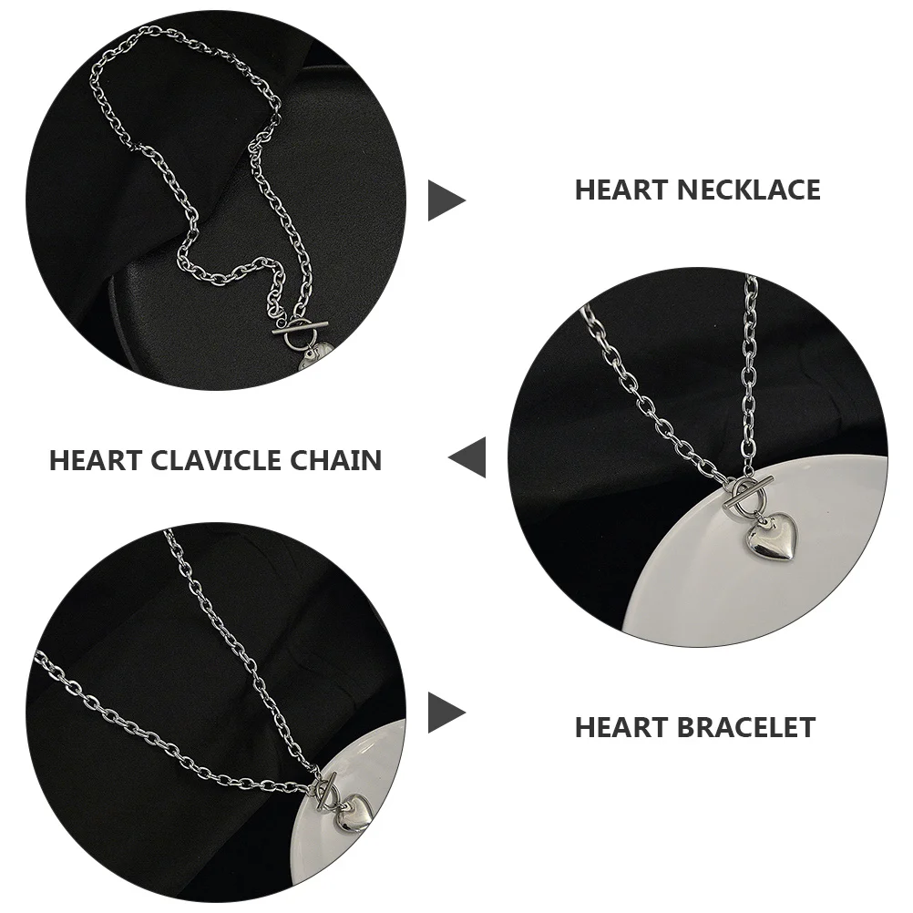 

1Set Heart Clavicle Chain Necklace Bracelet Set Punk Hip Hop Jewelry Stylish Durable Heart Necklace Punk Clavicle Chain