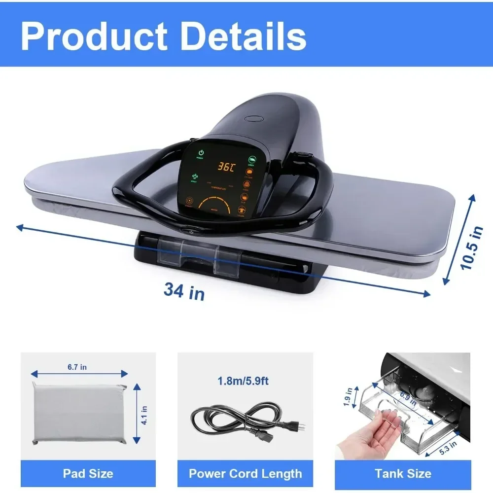 مكبس مكواة بخار مع شاشة LED تعمل باللمس، مكبس بخار 1800 وات مع 5 لغة إعدادات للنسيج