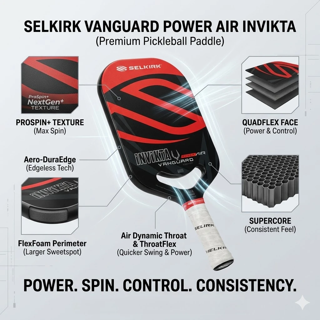 

Профессиональная ракетка для пиклбола Selkirk Invikta Vanguard Power с карбоновым сердечником Honeycomb, высоким вращением мяча и большим Sweet Spot