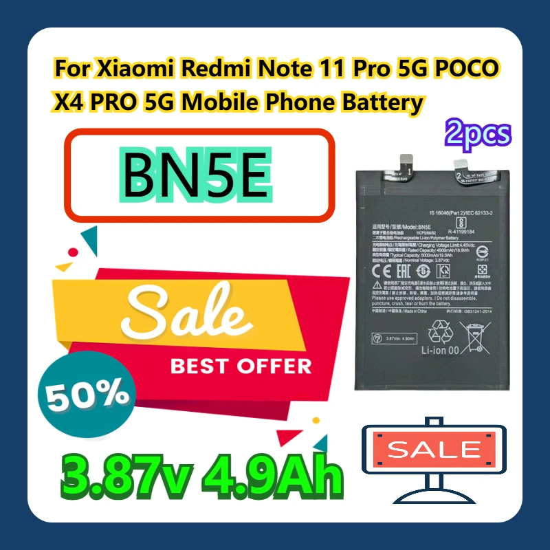 

For Xiaomi Redmi Note 11 Pro 5G POCO X4 PRO 5G Mobile Phone 3.87V 4.9Ah Battery BN5E 2pcs