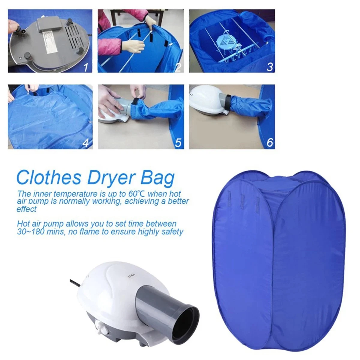 Portable Electric Clothes Dryer Folding Travel Air-O-Dry Clothes Warm Cloth Dryer Wardrobe with Accessories-EU Plug