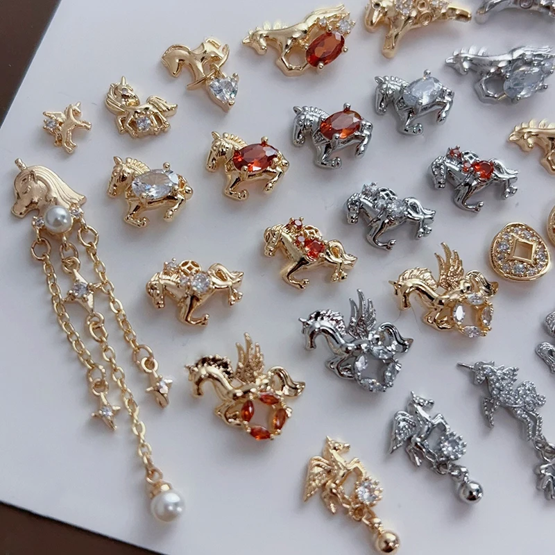 

10pcs Luxury Unicorn Fringe Nail Charms, High-End Zirconia Horse Year Decor, Premium Metal DIY Nail Accessories