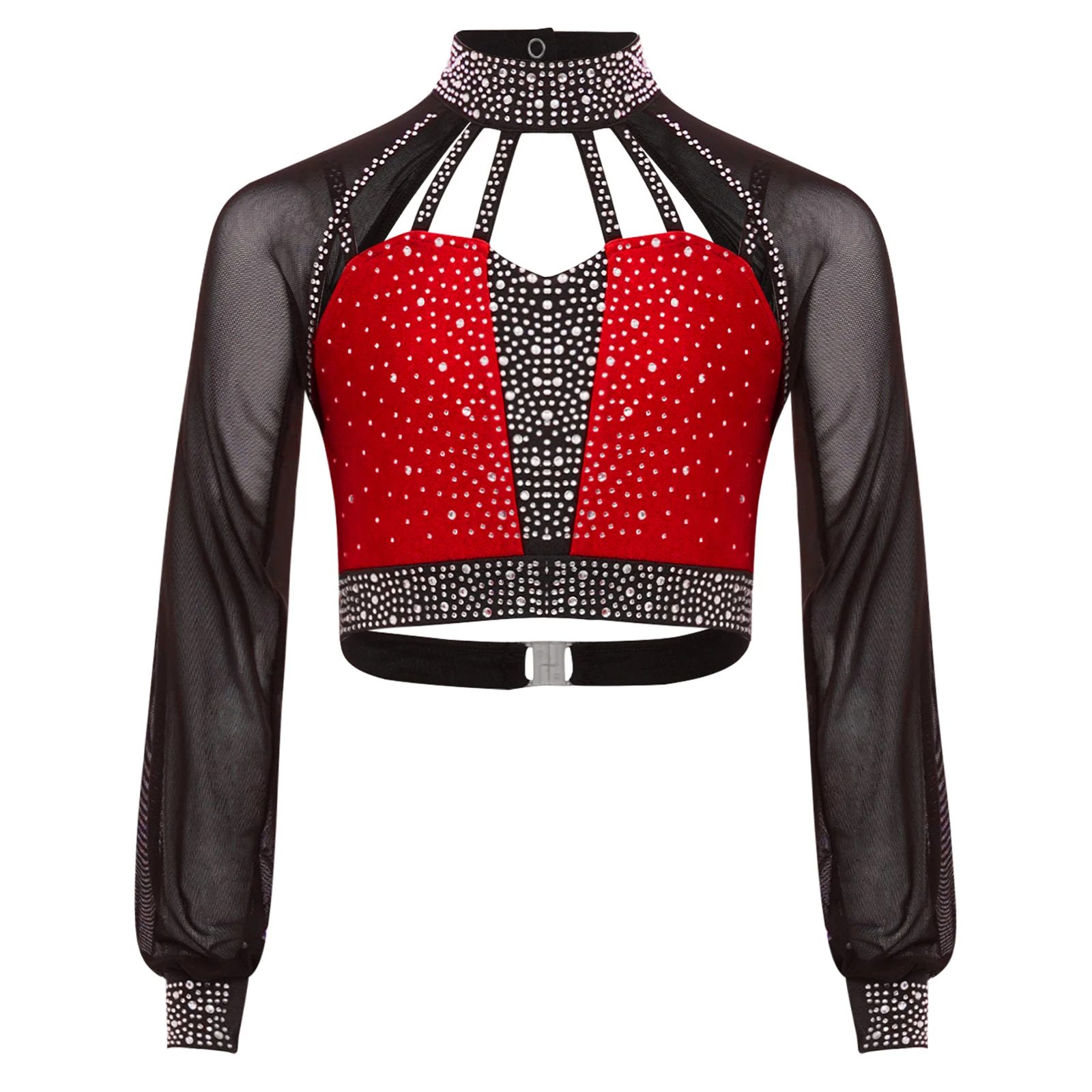 Kinderen meisjes kunstschaatsen dans top prestatie kostuum pure mesh lange mouwen uitsparing terug strappy glanzende strass crop top