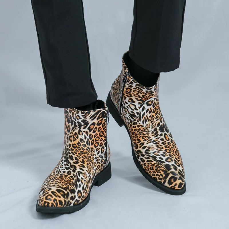 2025 Autumn Leopard Ankle Boots For Man Big Size 46 Pointed Man Dress Shoes Business Casual Men's Leather Boot botas para hombre