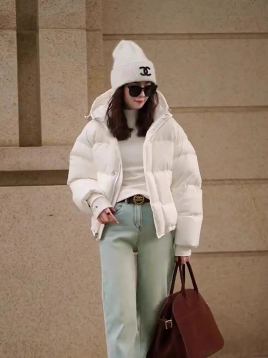 Płaszcz zimowy damski z białego puchu, stylizowany na chlebak, z wysokim stanem, długi rękaw, wysokiej jakości włókno poliestrowe, ciepły.