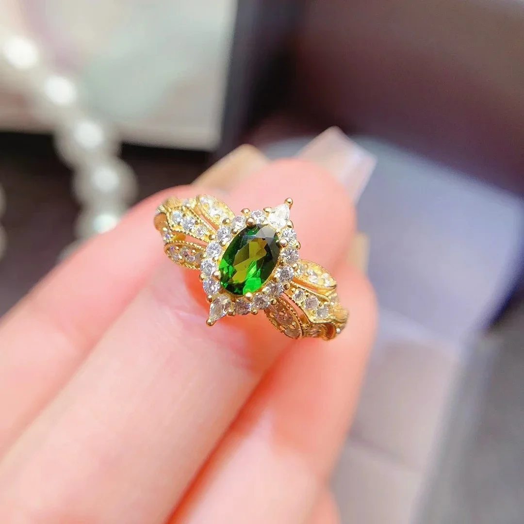 Vintage Style 925 Sterling Silver Diopside Ring 4mm*6mm 0.5ct Natural Diopside Jewelry 18K Gold Plated Gemstone Ring