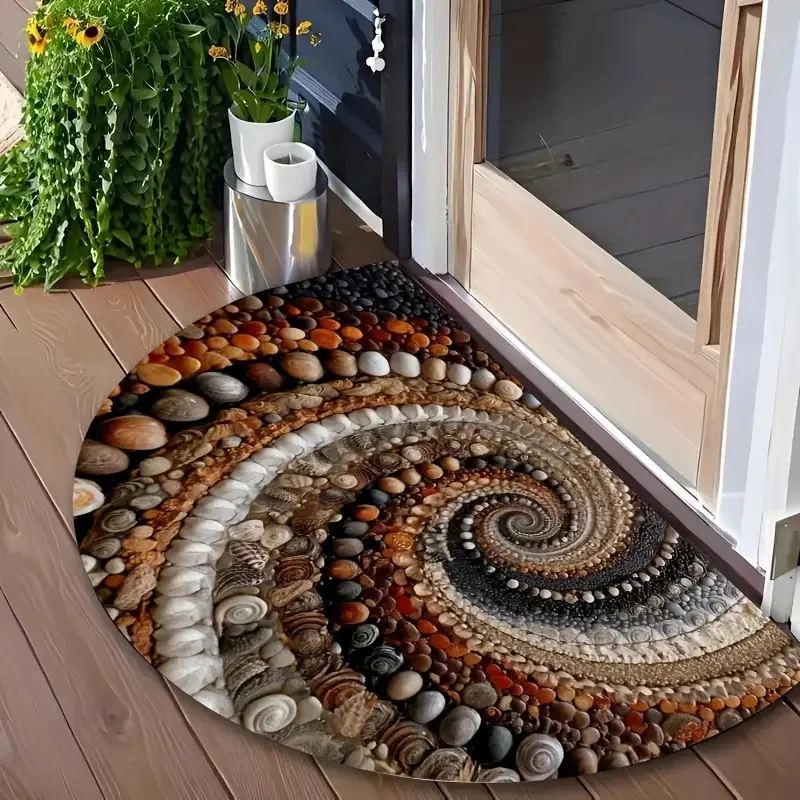 VIKAMA Half Round Pebble Shell Spiral Mosaic Natural Beach Art Crystal Velvet Door Mat Non Slip Entryway Bedroom Living Room