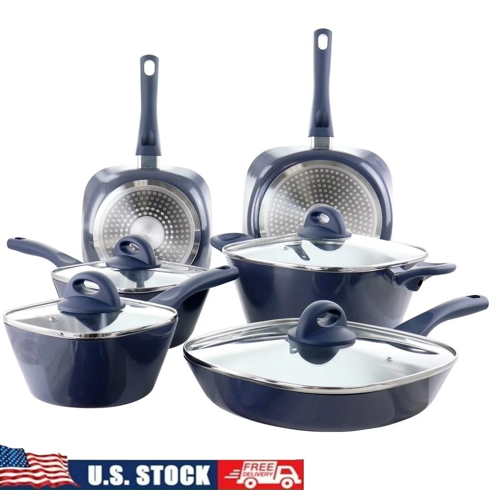 

Ceramic Nonstick Aluminum Cookware Set 10 Piece Heavy Gauge Kitchen Cooking Pots Pans with Pouring Spouts Diamond Collection