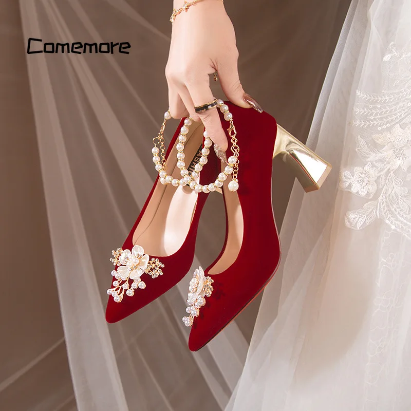 Comemore Red High Heel Chinese Style Bridal Wedding Shoes Women 2024 Beaded Women\'s Shoe Pointed Toe Pumps Fashion Pump Heels 34