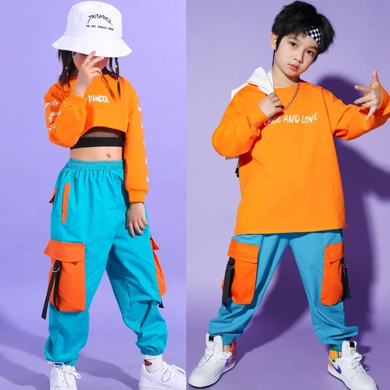 

Kids Orange Crop Tops Cargo Pants Kpop Outfits For Girls Jazz Performance Festival Clothes Hip Hop Dance Costumes