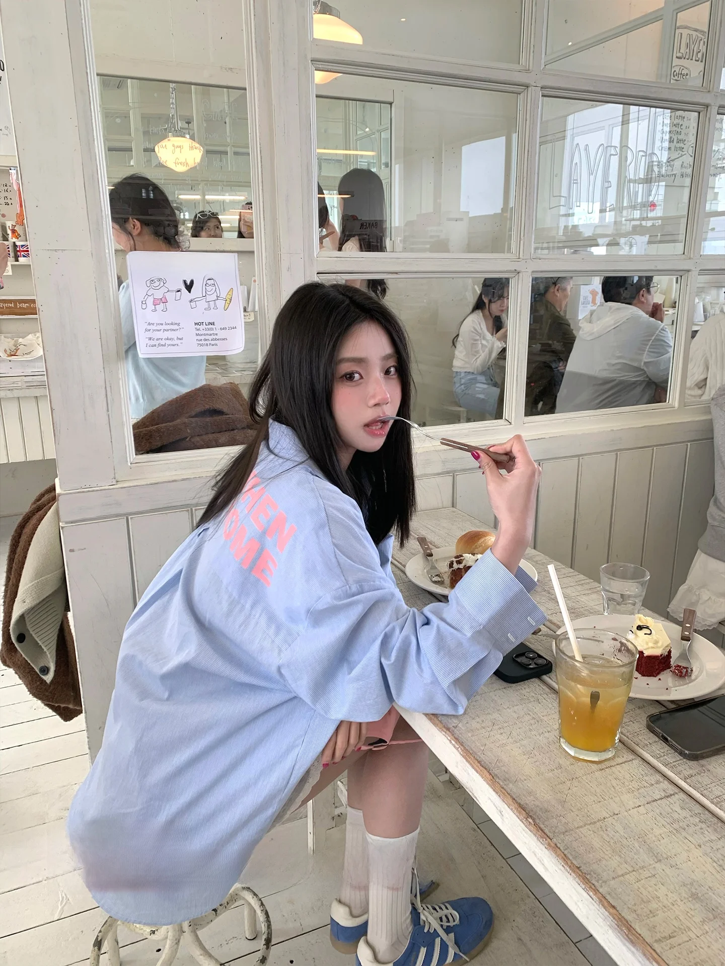 

Свободная женская рубашка с длинными рукавами, синяя, в полоску, с принтом, удобная, летняя, в корейском стиле, из чистого хлопка, с воротником