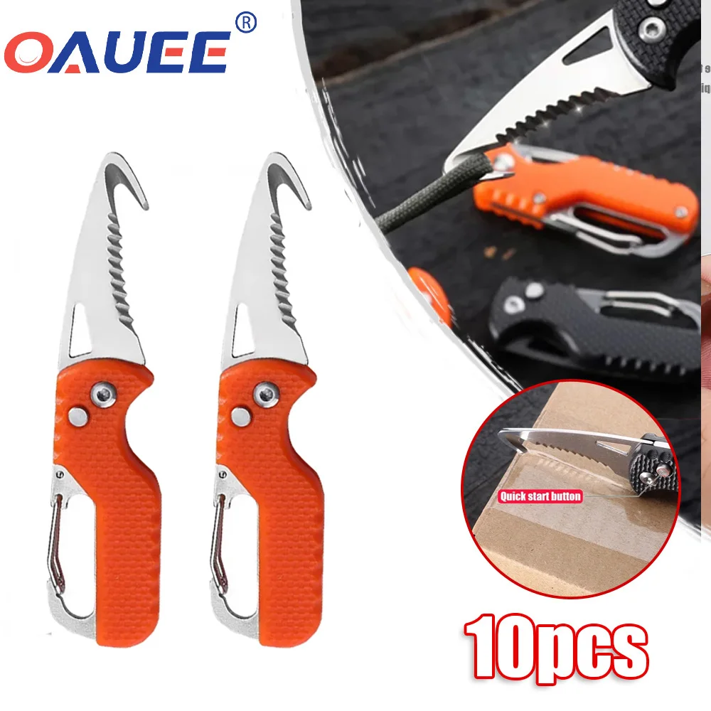 10pcs Foldable Express Delivery Knife Stainless Fast Hook Knife For Outdoor Camping Carry-on Unpacking Keychain Cutter Silver