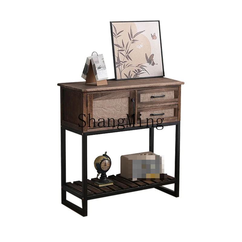 

ZYYentrance solid wood chest cabinet living room dining side corridor shelf against the wall storage retro wrought iron cabinet