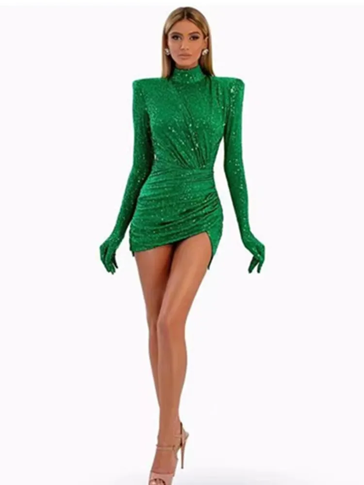 

Luxury Designer Women Green Gloves Sleeve Turtleneck Sequined Glitter Sparky Bodycon Drapped Mini Dress Evening Club Party Gowns