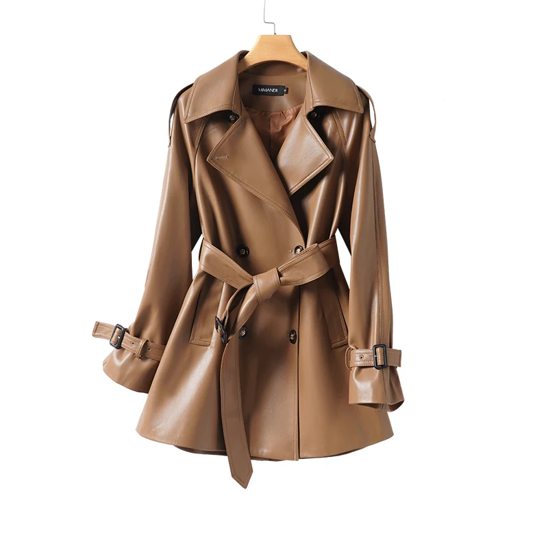 Trench coat de couro genuíno outono inverno feminino duplo breasted pele carneiro comprimento médio casaco com cinto senhoras casaco outerwear