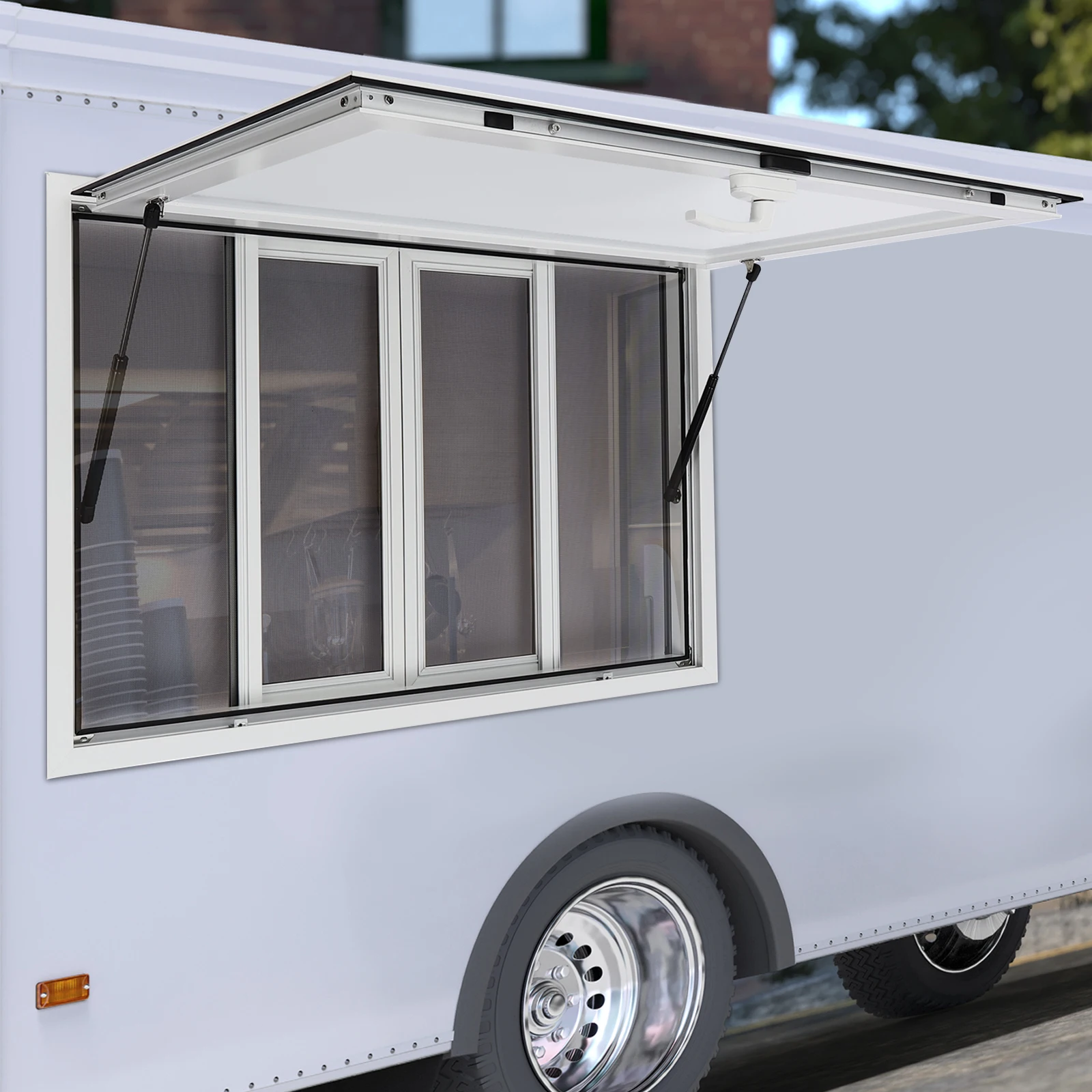 Food Truck Serving Window 45x30 Inch Aluminum Alloy Sliding Screen With Awning Durable No Glass Concession Window Outdoor Use