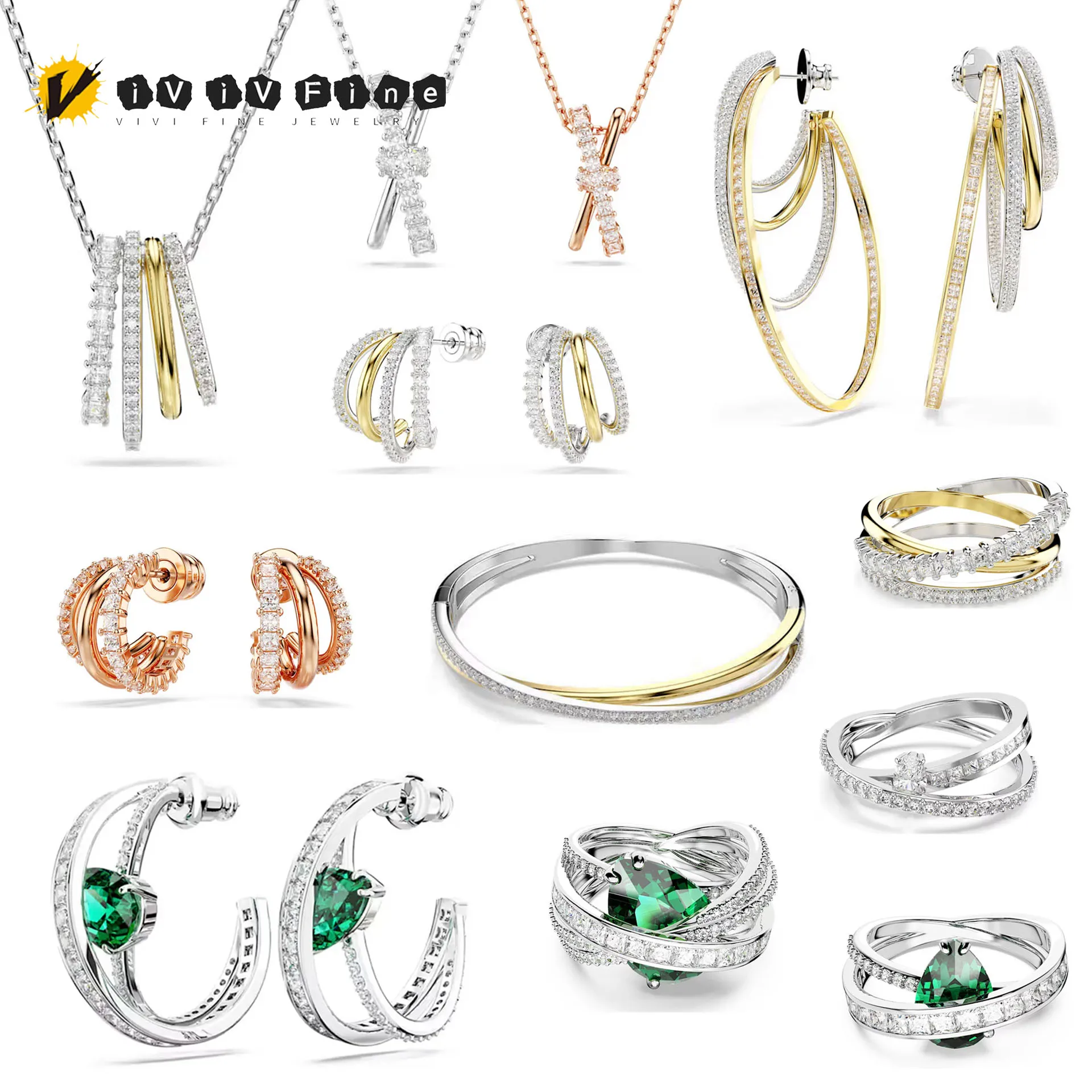New Trend Sparkling Green Crystal Geometric Earring Ring Fine Jewelry Set Charming Women's Multi-layer Pendant Necklace Bracelet