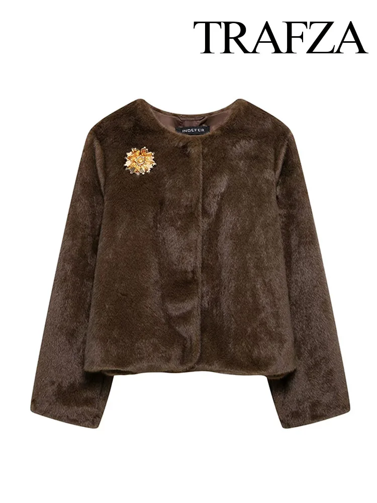 TRAFZA Female Winter Casual Warm Jackets Brown O-Neck Long Sleeves Flower Brooch Decorate Single Breasted Women Fashion Coats