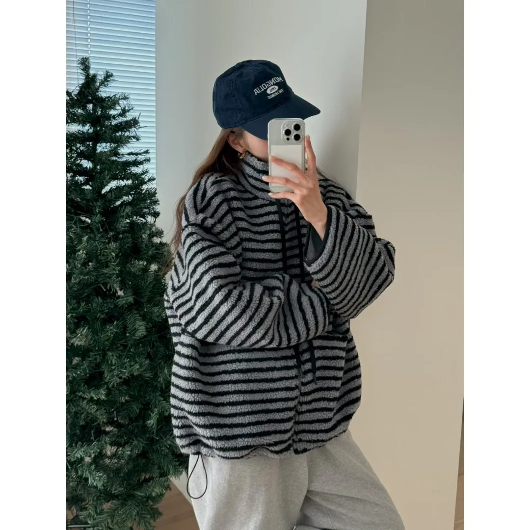 Chic Winter Women's New Arrival Long Sve Striped Lazy Sle Zipper Design Coat Fre Youthful Korean Faion Outerwear