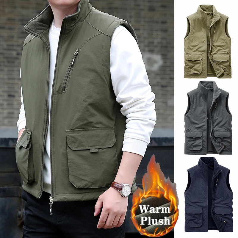 2023 Mens Fleece Vest Winter Outdoor Double-sided Wear Windproof Warm Polar Fleece Inside Tactical Hiking Safari Ski Cargo Vest