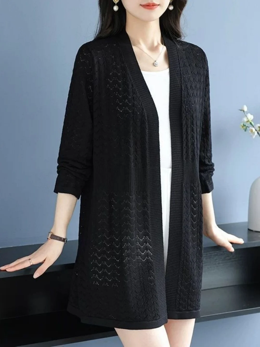 Korean Style Large Size Knitted Open Cardigan Hollow out Hook Flower Design V-Neck Thin Sun Protection Air Conditioning Outer...
