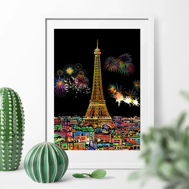 Papier à gratter magique pour adultes, scène de nuit de ville, clip art, montgolfière, tour Eiffel, jouet d'instituts souligné, cadeau créatif, 4 pièces