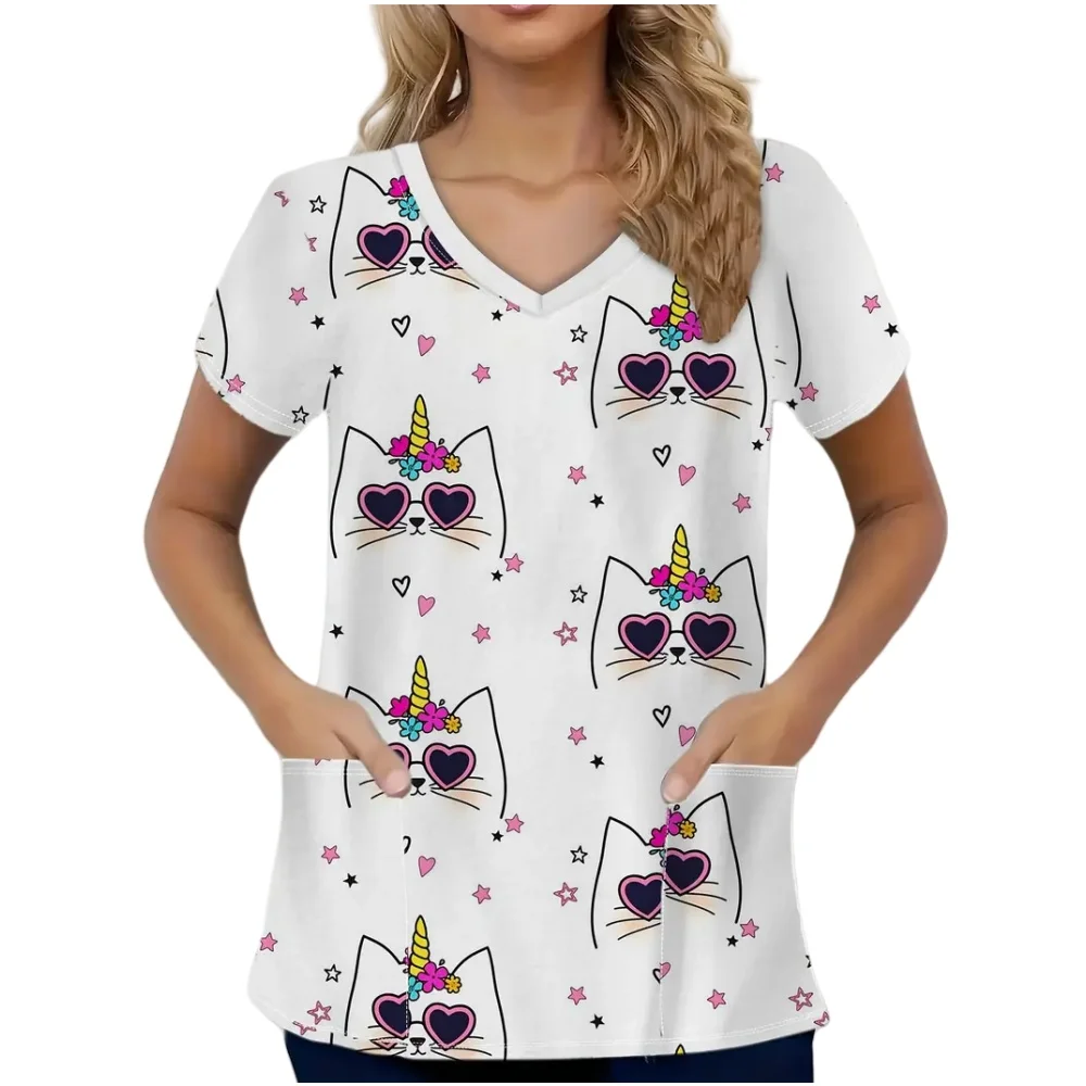 แมวน่ารักพิมพ์ขัดทางการแพทย์ผู้หญิง Microstretch V คอทันตกรรมพยาบาลลําลองเสื้อแขนสั้นสปา Vet ผู้หญิง Medical Uniform