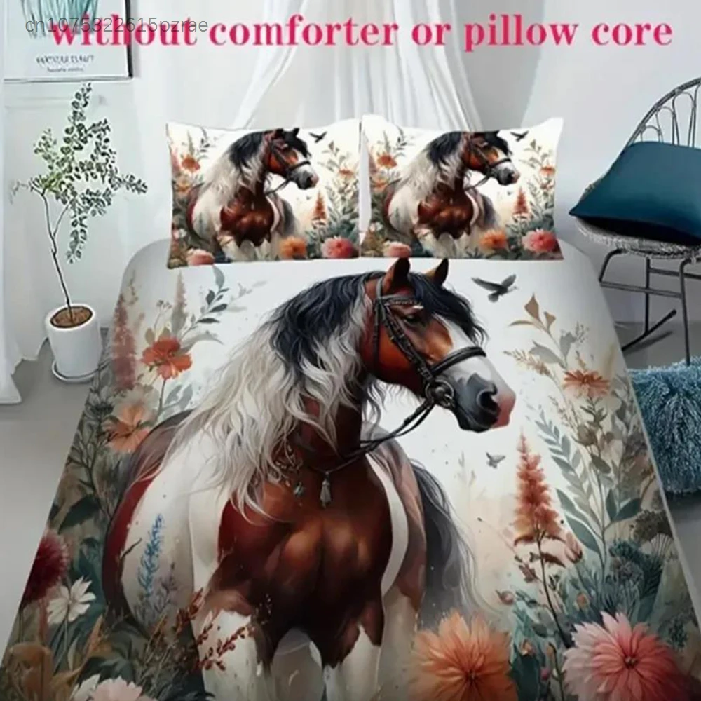 3pcs Floral Horse Printed Duvet Cover Set (1 Duvet Cover + 2 Pillowcases, No Core) - Soft, Comfortable, And Breathable Bedroom