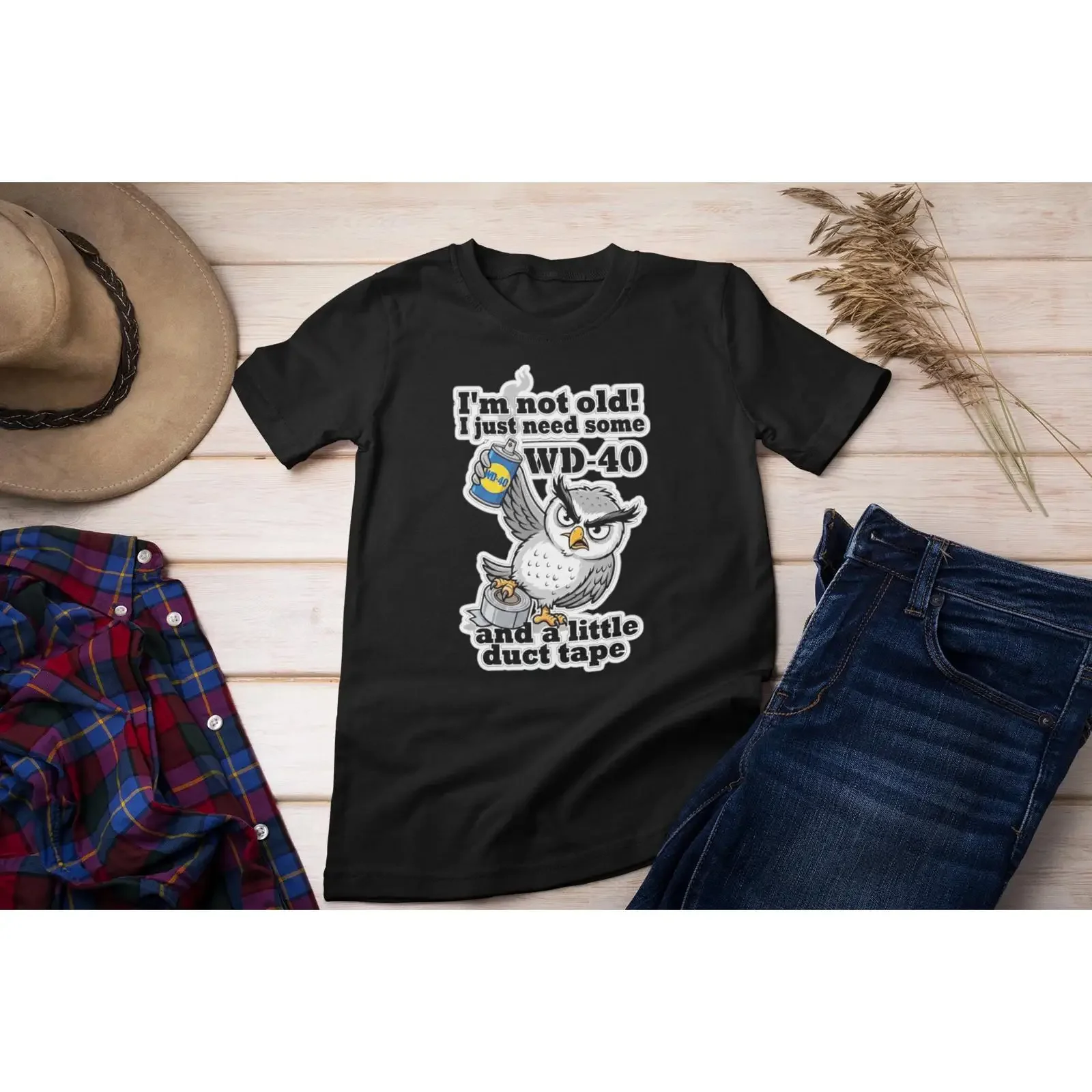 Lustiges T-Shirt mit altem Mann, sarkastischer Eule, alter Mechaniker, witziger Heimwerker, Geschenk zum Ruhestand, Vintage-Waschung, dehnbar, Unisex