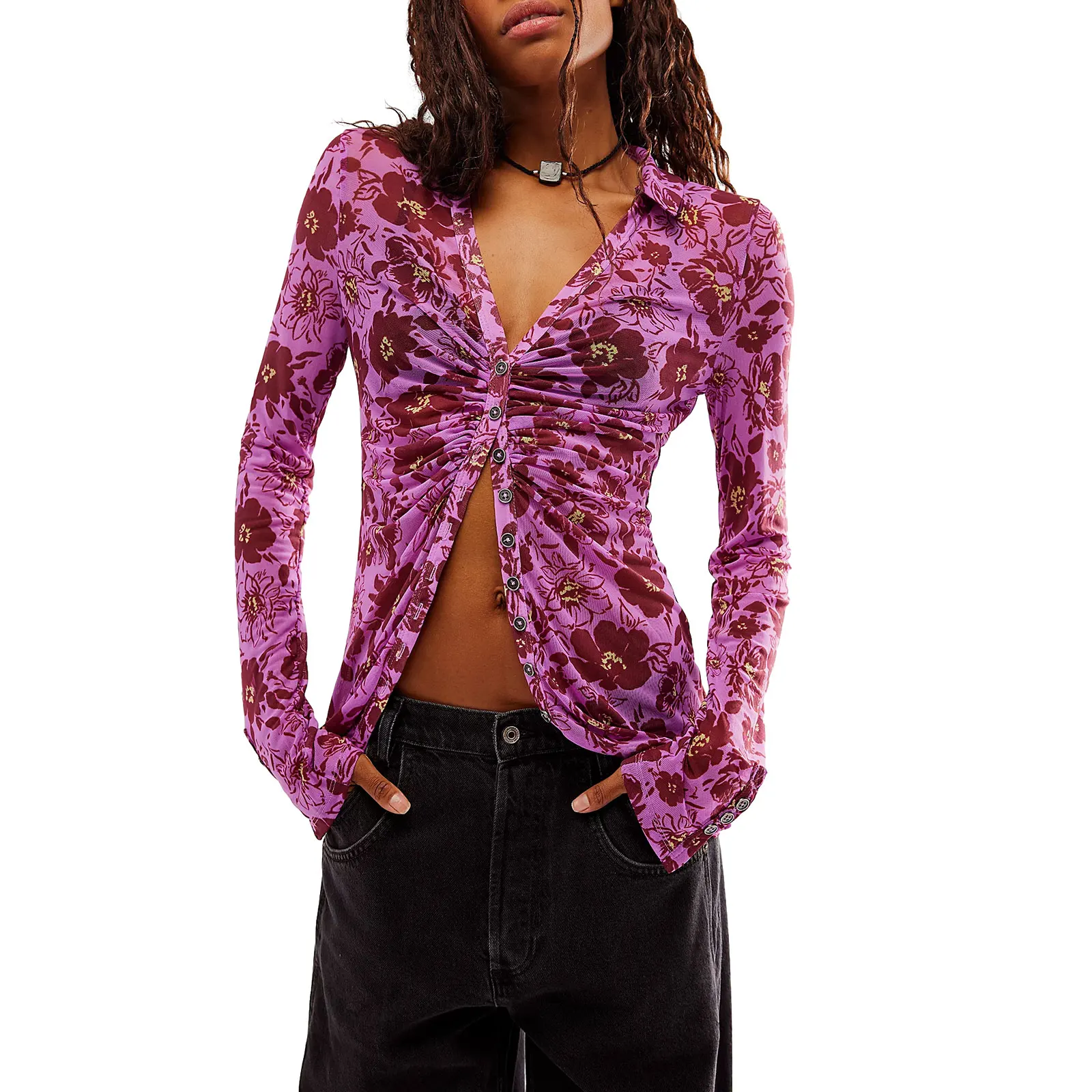 Dames Y2K V-hals met knopen, lang shirt, casual bloemenprint, ruches, blouse met lange mouwen, ingerichte werktops voor streetwear