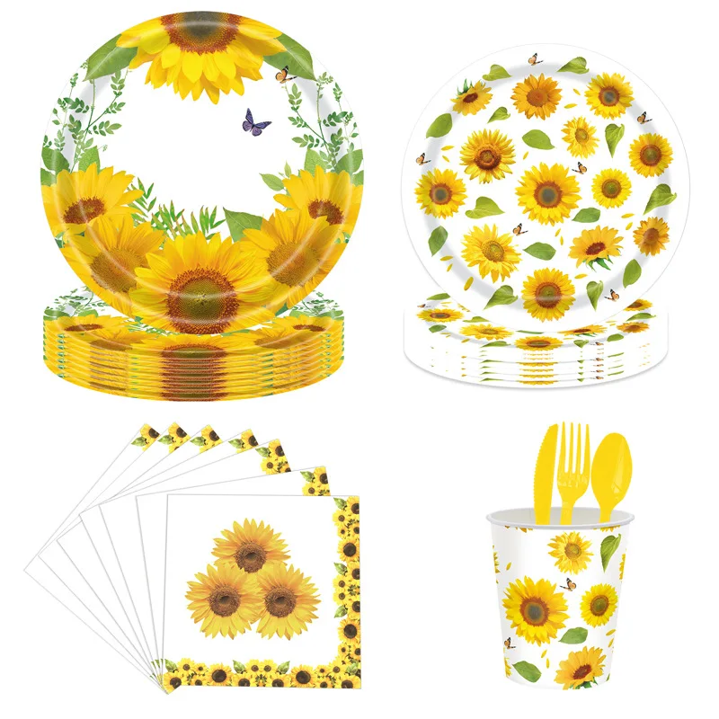 Sunflower Party Decorations Party Favors Straw Plates Hat Children Kids Girl  Party Supplies Tableware Set