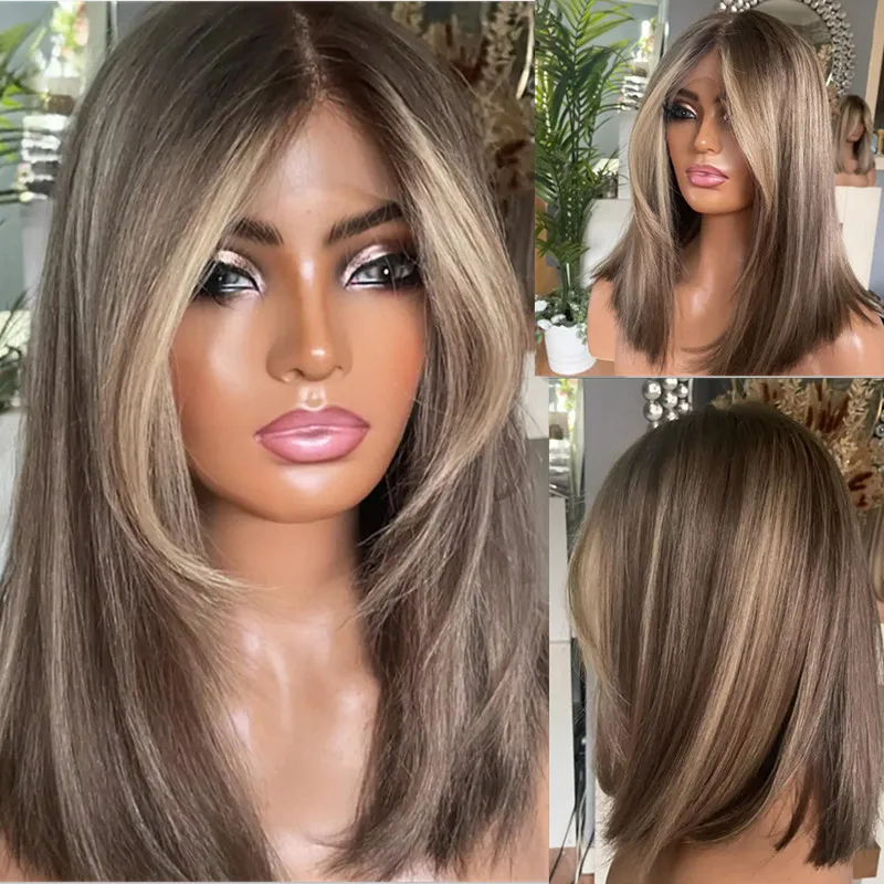 Dark Blonde Brown Highlights Wigs Medium Length Straight Wig Middle Part Synthetic Hair Heat Resistant For Women Daily Cosplay