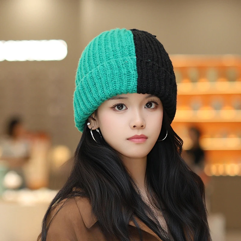 Korean Cute Contrast Color Rabbit Ear Knitted Hat Winter Keep Warm Beanie For Women