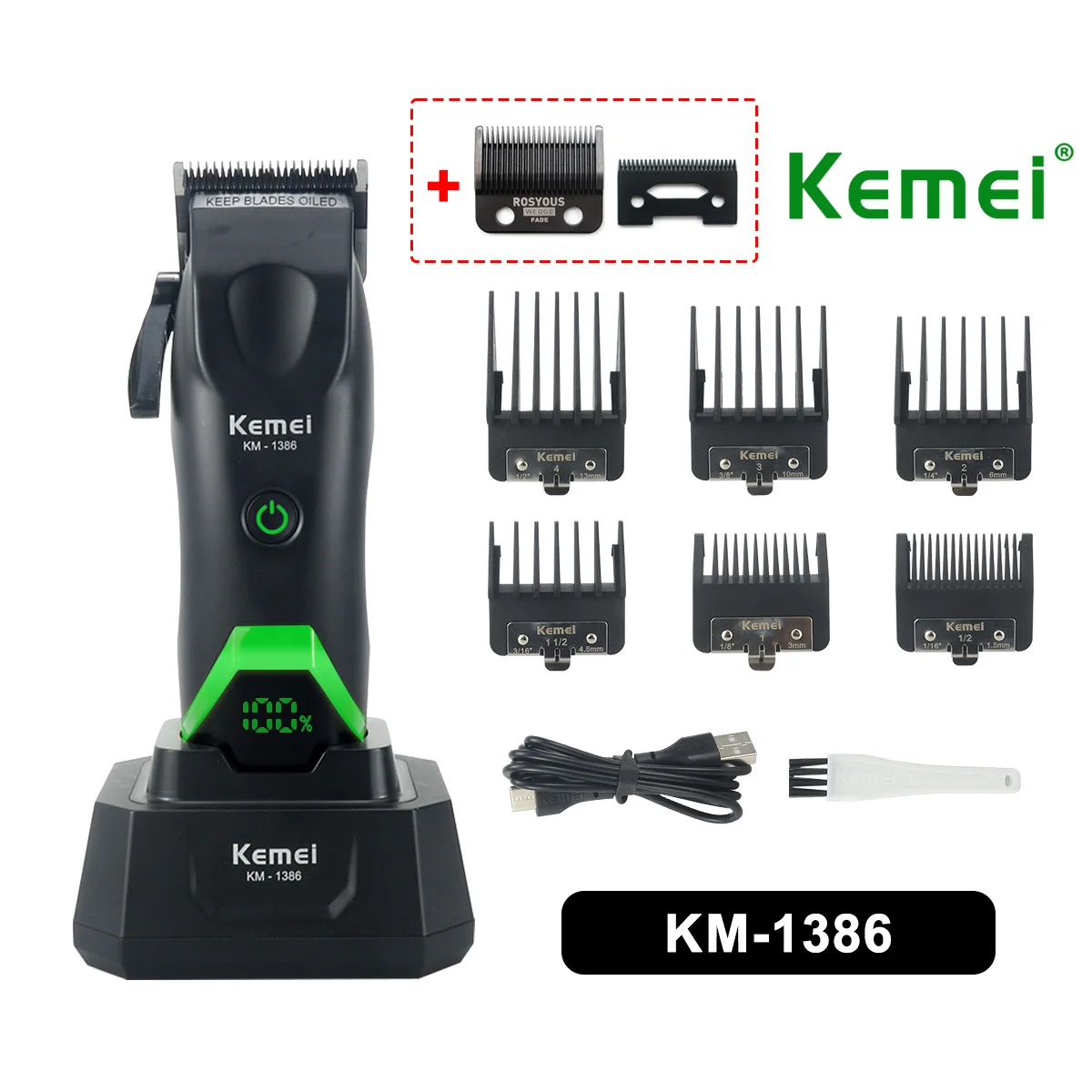 Máquina de Cortar Cabelo Masculina Kemei 1386 8000RPM com Lâmina DLC, Carregador de Base, Display LED e Bateria de 2000mAh - Aparador Profissional