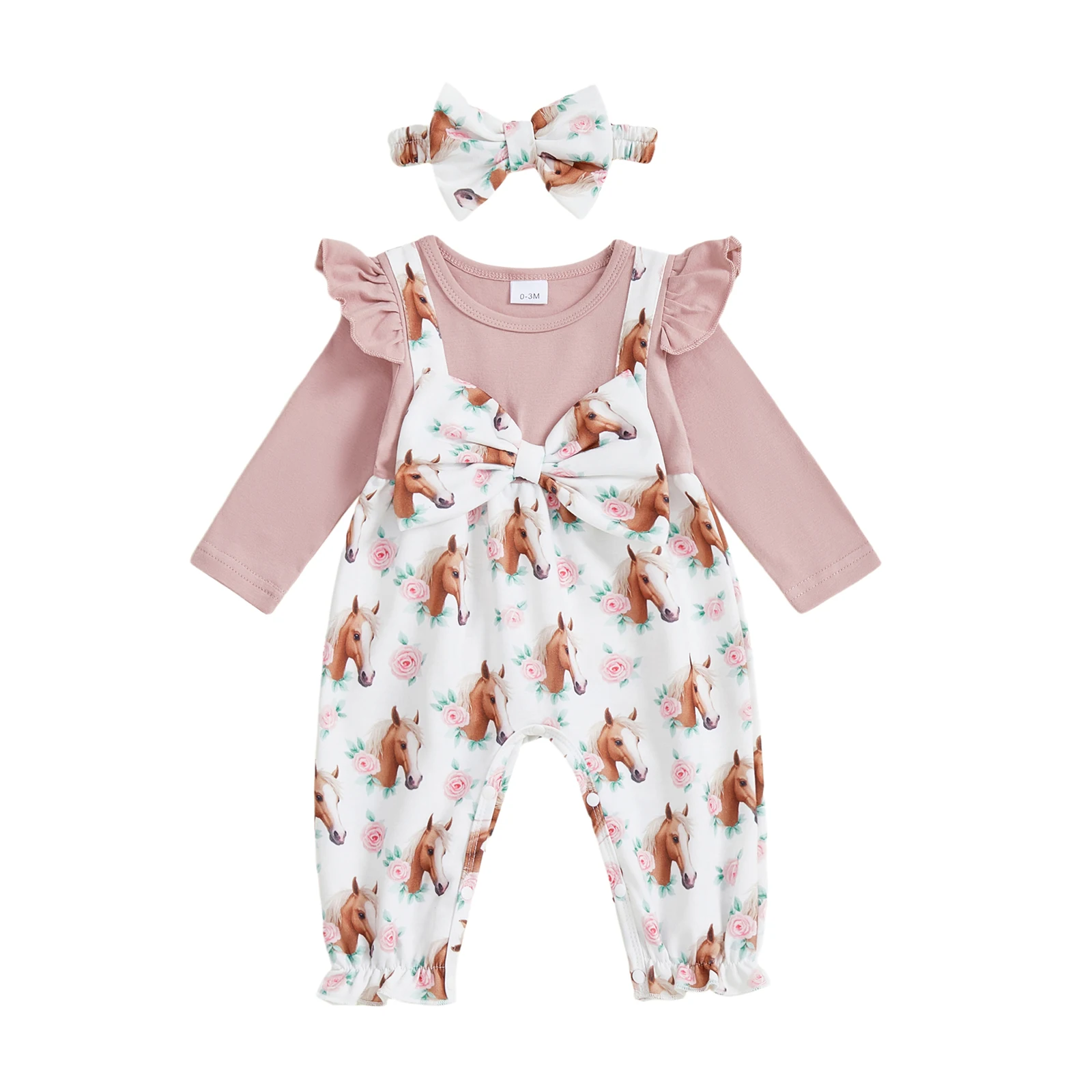 

Baby Girl Autumn Casual Romper Long Sleeve O Neck Horse Print Jumpsuit with Headband