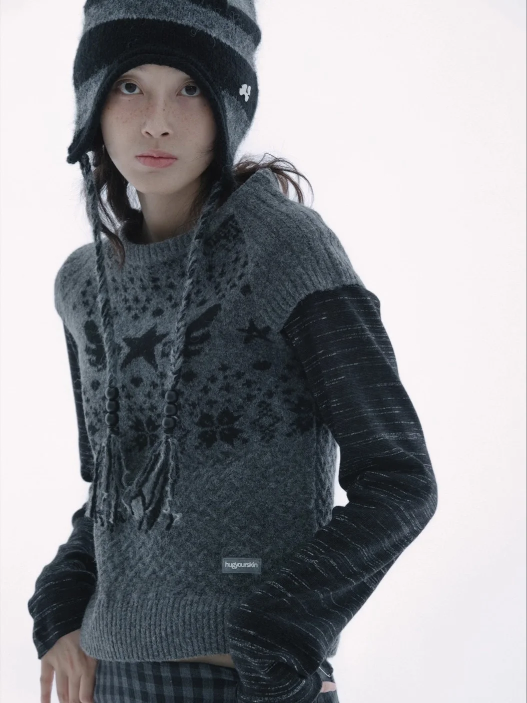 Conjunto de Colete de Tricô e Saia Xadrez para Outono/Inverno com Borda em Madeira, Estilo Flordado, Estilo Coreano par...