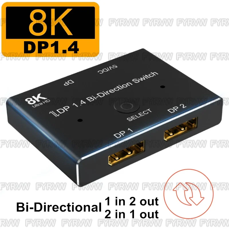 8K DisplayPort Switch Splitter DP1.4 165Hz  Bi-Directional 2 in 1 Out Display port Switcher DP1.4 Switch DP Splitter DP Docking