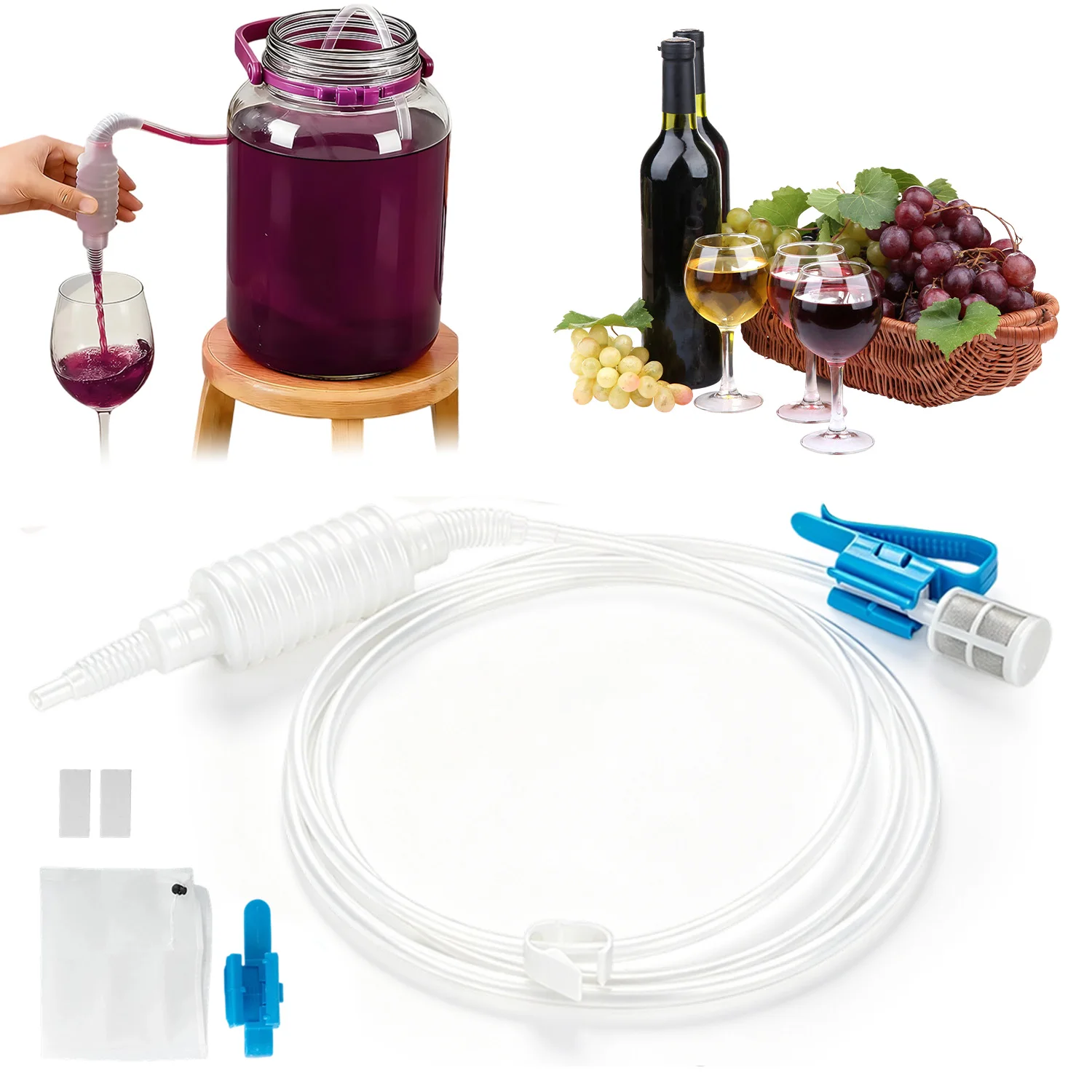 Kit de siphon de 2,5 m pour la vinification artisanale à domicile, avec sac filtrant de 40*46 cm et 2 clips de fixation, outil de filtration et de transfert réutilisable pour vin, bière, vin de fruits, destiné à la vinification artisanale, à la fabrication de vin et à la transformation de boissons domestiques.