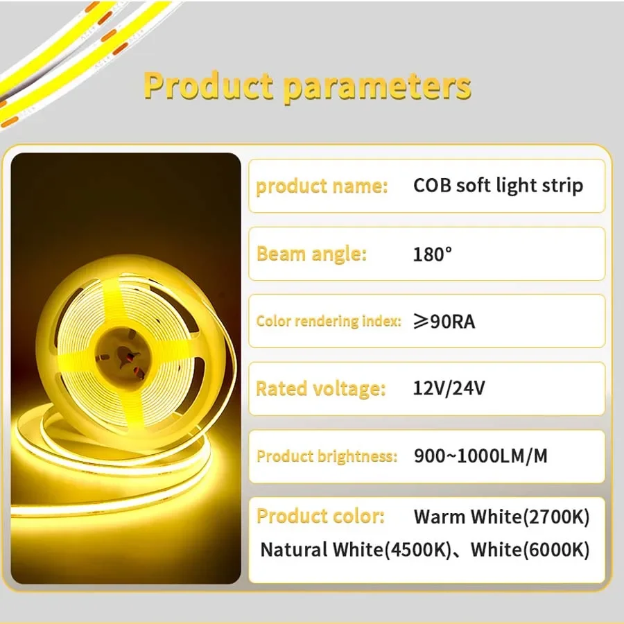 شريط إضاءة LED COB لديكور الغرفة ، كثافة عالية ، شريط صمام ثنائي مرن ، شريط ، درج ، ضوء ديكور ، 12 فولت ، 24 فولت ، 1 متر ، 2 متر ، 3 متر ، 5 متر ، 10 أمتار ، ليدز/م