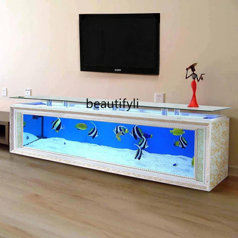 European-Style TV Cabinet Fish Tank Aquarium Living Room Large Floor Glass Bar Coffee Table