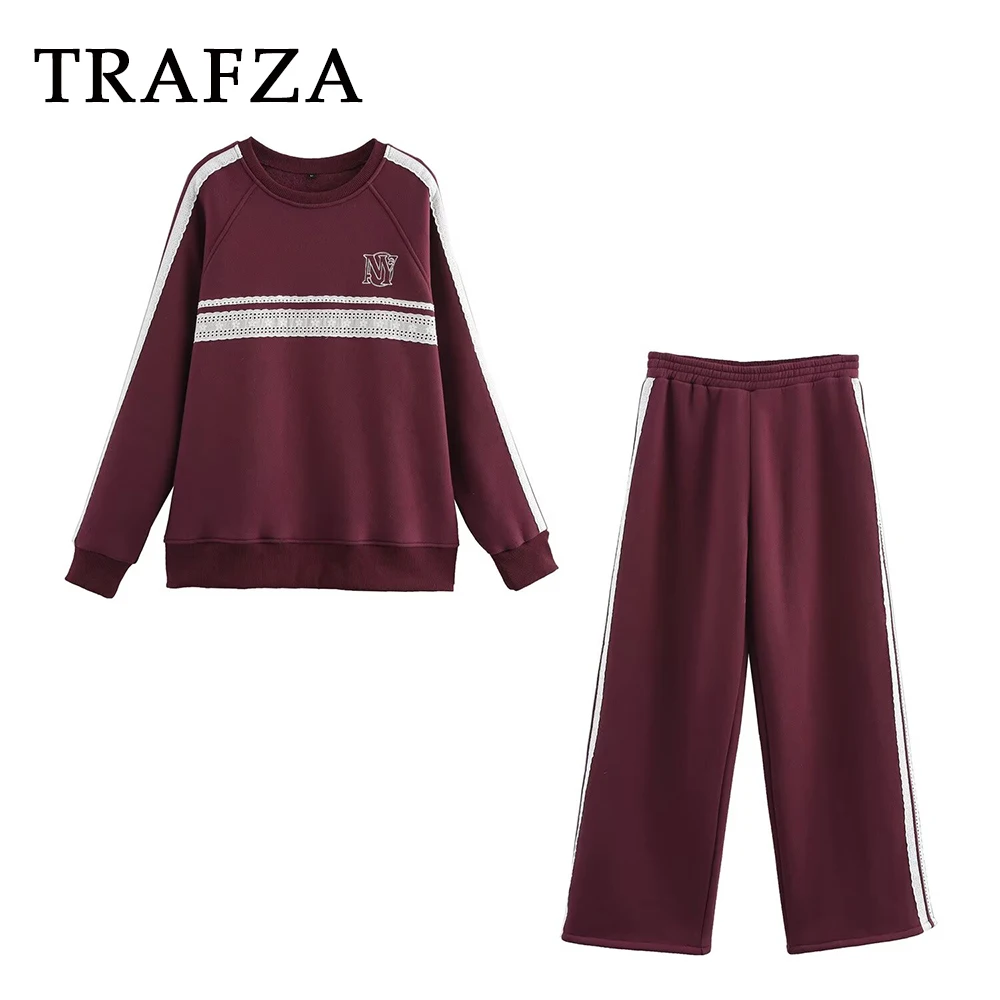 TRAFZA Chic 2025 Spring Casual Suit Fashion O-Neck Striped Loose Streetwear Sweater+Elastic Waist Lace Pants Winered Sporty Suit